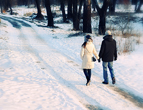 Couple walking in Saskatoon in winter